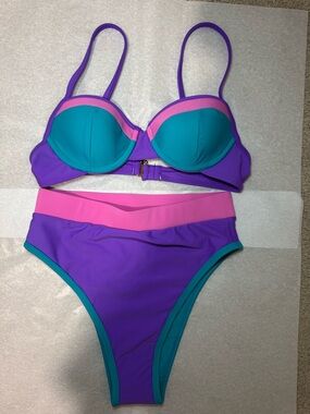 93 Play Street Bikini Set in Purple, Teal & Pink - Women Swim- Small